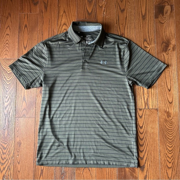 Men’s Under Armour The Playoff Polo Loose Fit Green/Black Stripes, Size Medium - Picture 1 of 5